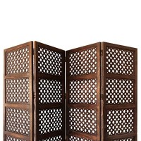 Benjara Decorative Four Panel Mango Wood Hinged Room Divider With Circular Cutout Design, Brown,