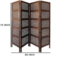 Benjara Decorative Four Panel Mango Wood Hinged Room Divider With Circular Cutout Design, Brown,