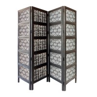 Tup The Urban Port , Black And White Four Panel Mango Wood Room Divider With Traditional Carvings