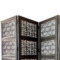 Tup The Urban Port , Black And White Four Panel Mango Wood Room Divider With Traditional Carvings