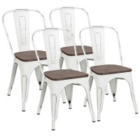 Furniwell Metal Dining Chairs With Wood Seat, Distressing Tolix Style Indoor-Outdoor Stackable Industrial Chair With Back Set Of 4 For Kitchen, Dining Room, Bistro And Cafe (White)
