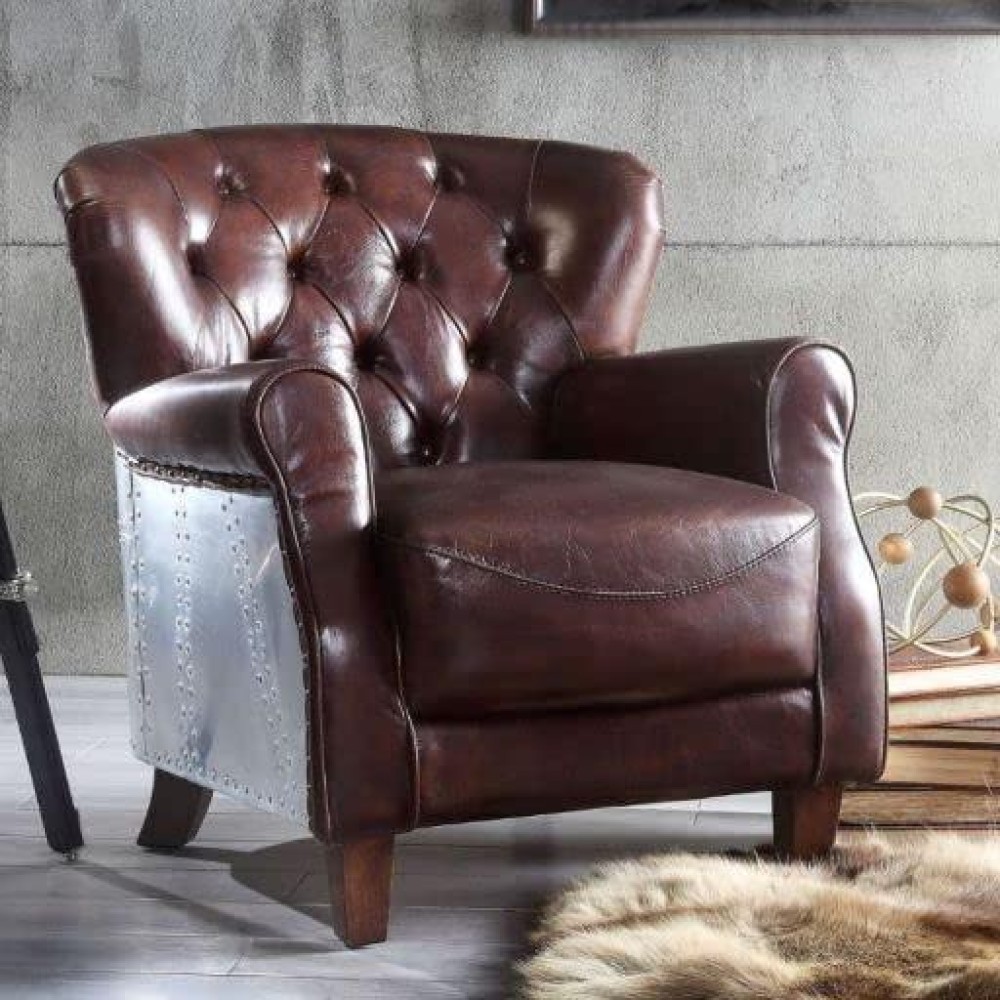 Acme Brancaster Accent Chair In Vintage Brown & Aluminum