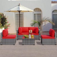 Walsunny Patio Furniture Set, Outdoor Sectional Sofa Wicker Conversation Sets With Tea Table And Patio Couch Cushions (Silver Grey Rattan)(Red)