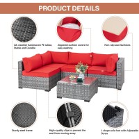 Walsunny Patio Furniture Set, Outdoor Sectional Sofa Wicker Conversation Sets With Tea Table And Patio Couch Cushions (Silver Grey Rattan)(Red)
