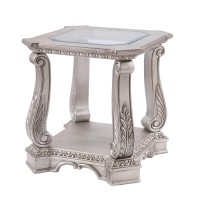 Benjara, Silver And Clear Antique Wooden End Table With Polyresin Engravings And Glass Top