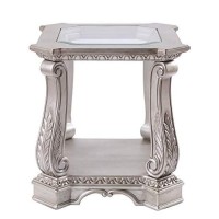 Benjara, Silver And Clear Antique Wooden End Table With Polyresin Engravings And Glass Top