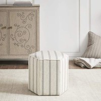 Martha Stewart Ellen Accent Ottoman - Solid Wood Frame, Soft Fabric, Hexagonal Small Stool Chair - Modern Foam Padded Top Footstool Living Room Furniture Natural, 18 X 18 X 16, Grey Stripes