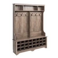 Prepac 24 Shoe Cubby Wide Hall Tree With Bench & Coat Hooks, 60 W X 77 H X 15 5 D, Drifted Gray