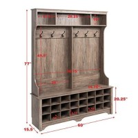 Prepac 24 Shoe Cubby Wide Hall Tree With Bench & Coat Hooks, 60 W X 77 H X 15 5 D, Drifted Gray