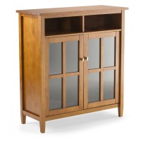 Simplihome Warm Shaker Solid Wood 39 Inch Wide Transitional Medium Storage Media Cabinet In Light Golden Brown, With 2 Doors With Tempered Glass, 2 Adjustable Shelves, 2 Open Top Cubbies