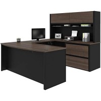 Bestar Connexion 72W U-Shaped Executive Desk With Lateral File Cabinet And Hutch In Antigua & Black