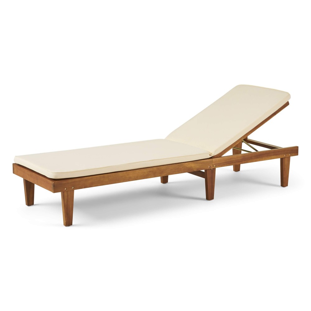 Great Deal Furniture Yvette Outdoor Acacia Wood Chaise Lounge And Cushion Set, Teak And Cream