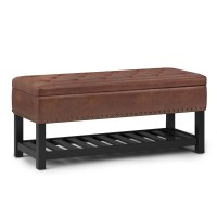 Simplihome Lomond 43 Inch Wide Rectangle Storage Ottoman Bench With Open Bottom And Lift Top In Distressed Saddle Brown Tufted Footrest Stool, Faux Leather For Living Room, Bedroom, Transitional