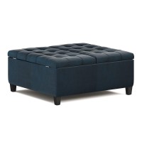 Simplihome Harrison 36 Inch Wide Square Coffee Table Lift Top Storage Ottoman In Upholstered Distressed Dark Blue Tufted Faux Leather For The Living Room,