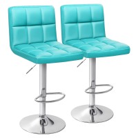 Homall Bar Stools Modern Pu Leather Adjustable Swivel Barstools, Armless Hydraulic Kitchen Counter Bar Stool Extra Height Square Island Barstool With Back Set Of 2 (Leather, Blue)