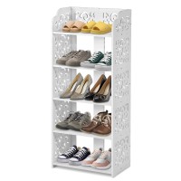 White 5 Tier Shoes Rack, Wood Plastic Carved Shoe Cabinet Free Standing Shoes Storage Closet Display With Hollow Desigh,Tower Shoe Cupboard Hold 10 Pair For Home Office 157 X 91 X 354Inch