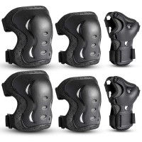 Kidsyouthadult Knee Pads Elbow Pads With Wrist Guards Protective Gear Set 6 Pack For Rollerblading Skateboard Cycling Skating Bike Scooter Riding Sports (Black, Myouyh(8-12 Years))A