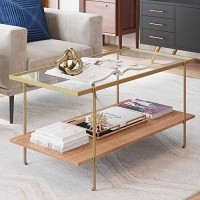 Nathan James Asher Mid-Century Rectangle Coffee Table Glass Top And Rustic Oak Storage Shelf With Sleek Brass Metal Legs, Gold