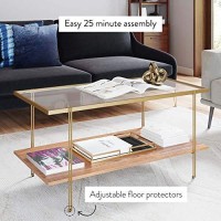 Nathan James Asher Mid-Century Rectangle Coffee Table Glass Top And Rustic Oak Storage Shelf With Sleek Brass Metal Legs, Gold