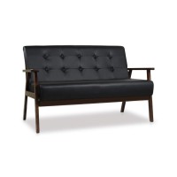 Jiasting Mid-Century Modern Solid Loveseat Sofa Upholstered Faux Leather Couch 2-Seat Wood Armchair Living Room/Outdoor Lounge Chair,50W Black