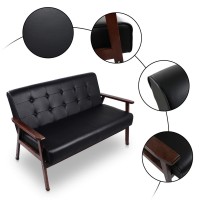 Jiasting Mid-Century Modern Solid Loveseat Sofa Upholstered Faux Leather Couch 2-Seat Wood Armchair Living Room/Outdoor Lounge Chair,50W Black