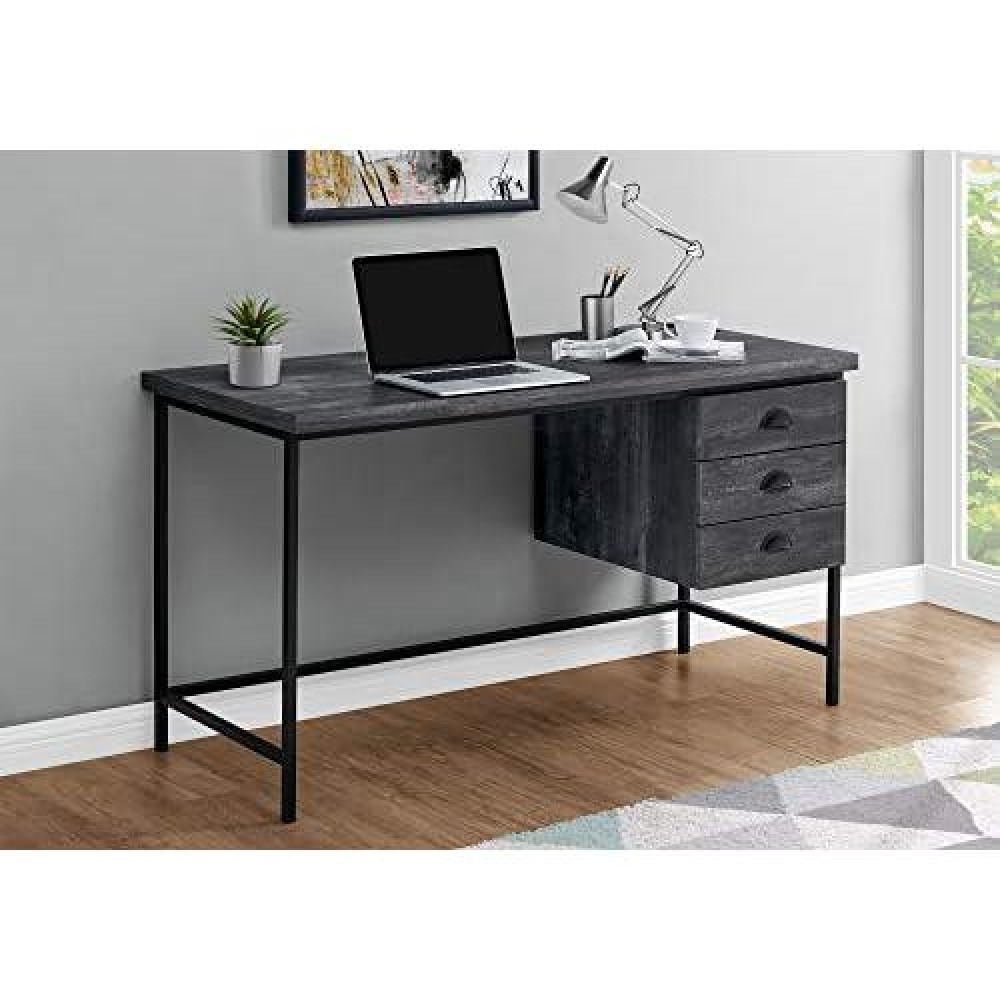 Monarch Specialties Industrial Computer Desk 3 Drawers Metal Frame Rectangular Laptop Study Table, 55 L, Black Reclaimed Wood Look