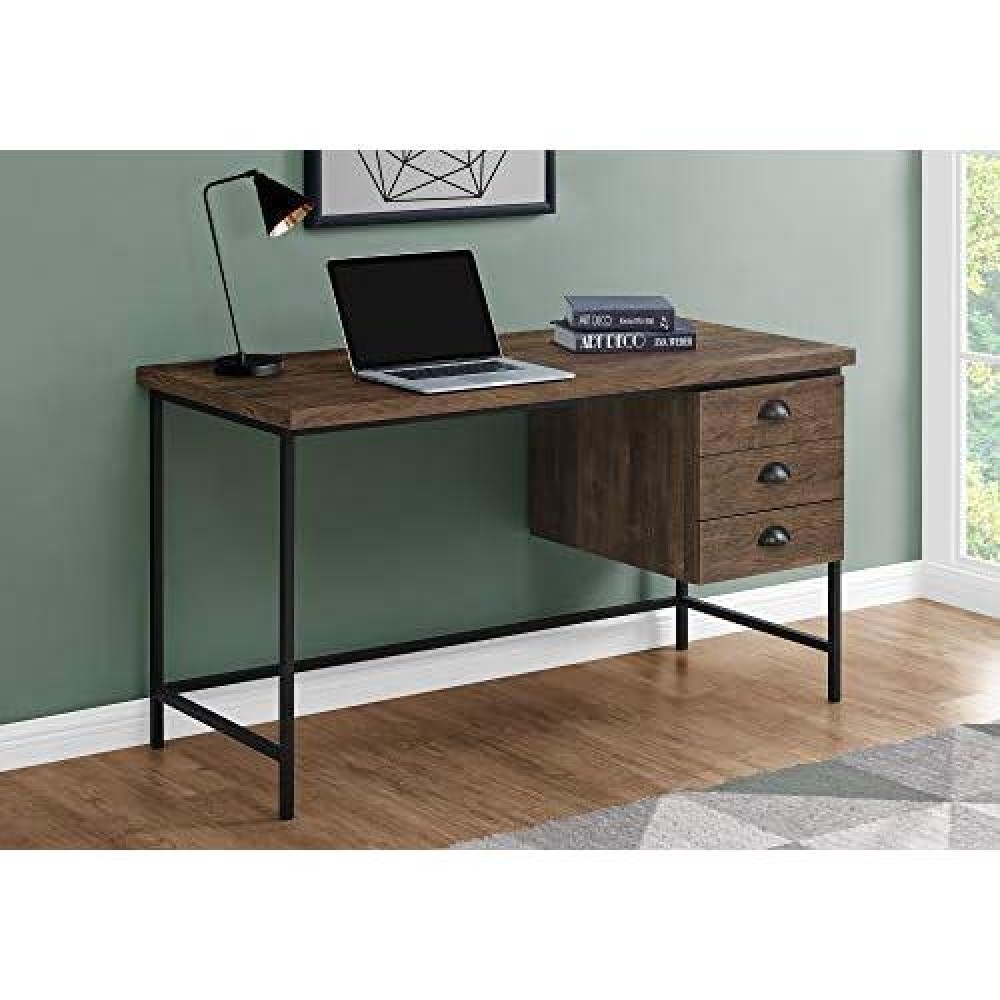 Monarch Specialties Industrial Computer Desk 3 Drawers Metal Frame Rectangular Laptop Study Table, 55 L, Brown Reclaimed Wood Look