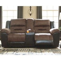 Signature Design By Ashley Earhart Faux Leather Manual Double Reclining Loveseat With Storage Console, Brown