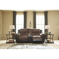 Signature Design By Ashley Earhart Faux Leather Manual Double Reclining Loveseat With Storage Console, Brown