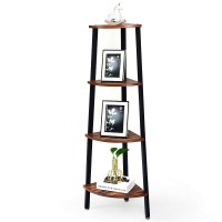 Contemporary Corner Shelf Metal Storage Rack Household Bookcase Display Stand Wood Lightweight And Space-Saving Design Brown 4 Tiers