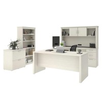 Bestar Logan U-Shaped Desk With Hutch, Lateral File Cabinet, And Bookcase In Bark Grey, 66W