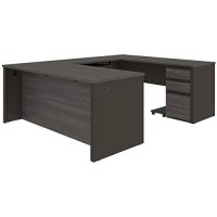 Bestar Prestige + U-Shaped Executive Desk With Pedestal, 72W, Bark Grey & Slate