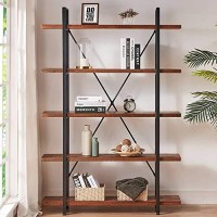 Hsh Natural Real Wood Bookcase, 5 Tier Industrial Rustic Vintage Etagere Bookshelf, Open Metal Farmhouse Solid Wooden Book Shelf, Distressed Brown