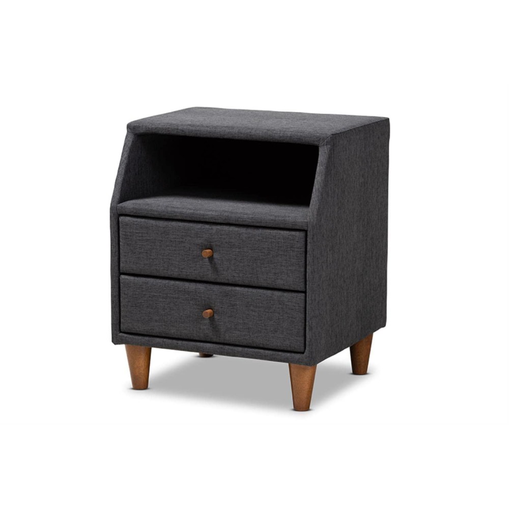 Baxton Studio Claverie Mid-Century Modern Charcoal Fabric Upholstered 2-Drawer Wood Nightstand