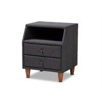 Baxton Studio Claverie Mid-Century Modern Charcoal Fabric Upholstered 2-Drawer Wood Nightstand