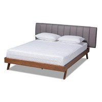 Baxton Studio Brita Queen Size Grey Upholstered Walnut Finished Bed