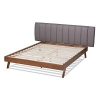 Baxton Studio Brita Queen Size Grey Upholstered Walnut Finished Bed
