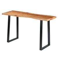 Tup The Urban Port 195122 Industrial Wooden Live Edge Desk With Metal Sled Leg Support, Brown And Black
