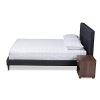 Baxton Studio Maren Mid-Century Modern Dark Grey Fabric Upholstered Queen Size Platform Bed With Two Nightstands