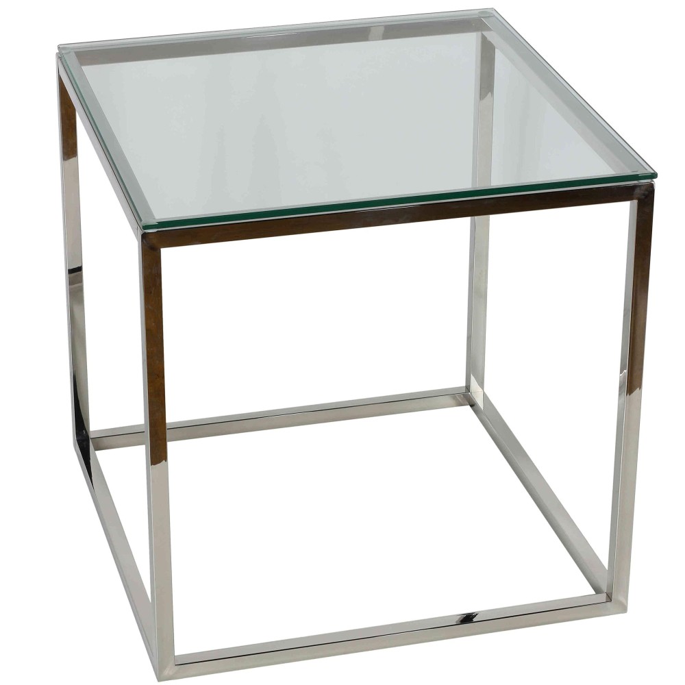 Cortesi Home Kent End Table, 22 Square, Silver Stainless Steel With Glass Top