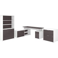 Bush Business Furniture Jamestown 72W L Shaped Desk With Lateral File Cabinet And 5 Shelf Bookcase In White And Storm Gray