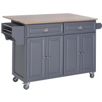 Homcom Rolling Kitchen Island On Wheels Ultility Cart With Drop-Leaf And Rubber Wood Countertop, Storage Drawer, Door Cabinet, Grey