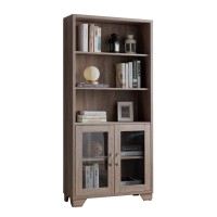 Benjara Wooden Book Cabinet With Three Display Shelves And Two Glass Doors Brown