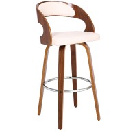 Armen Living Shelly Mid-Century Faux Leather Swivel Kitchen Barstool, 30 Bar Height, Cream
