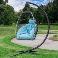 Barton Premium Egg Chair Egg Style Hanging Chair Blue Wdeep Cushion Soft Relaxing Luxury Outdoor Indoor Patio Bedroom Hanging Swinging