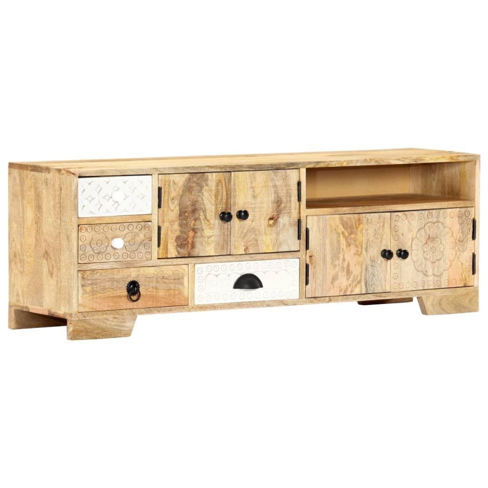 Vidaxl Solid Mango Wood Tv Stand - 472X118X157 Rustic Brown Television Console With Four Drawers & Compartments, Decorative Hand-Carved Patterns