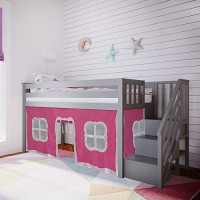 Max & Lily Twin Low Loft Bed With Stairs And Pink Curtains Grey