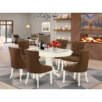 East West Furniture 7Pc Dinette Set Includes An Oval Kitchen Table With Butterfly Leaf And Six Parson Chairs With Dark Coffee Fabric, Linen White Finish