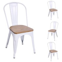 H Jinhui Metal Dining Chairs With Wood Seat/Top, Stackable Chair For Indoor And Outdoor Use, Modern Chic Patio Bistro Cafe Trattoria Side Chair, Set Of 4 White