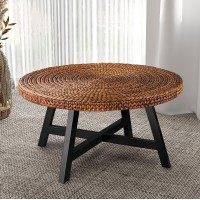 Randefurn Round Coffee Table, Seagrass Coffee Solid Pine Wood X Base Frame Cocktail Table, Easy Assembled, Multiple Sizes For Living Room, 32 X 17 Inches,Gold